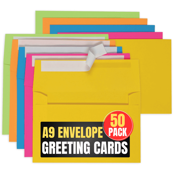 1InTheOffice A9 Greeting Card Envelopes 5.75 x 8.75, Envelopes for Invitation, Assorted Colored Envelopes, 5 3/4" x 8 3/4", 50/Box
