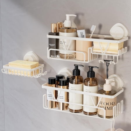 Shower Caddy Suction Cup – 3 Pack Suction Bathroom Organizer Shelf with Soap Holder & Hooks Rustproof Removable Shower Organizer for Shampoo Metal Bathroom Storage Rack Cream White