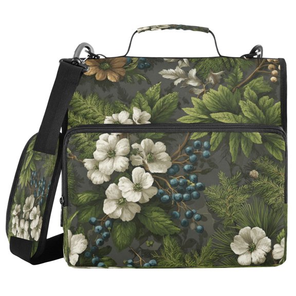 Water-Resistant 3-Ring Binder Organizer with Multiple Pockets Zipper Binder Bag for Office Ferns and Flowers