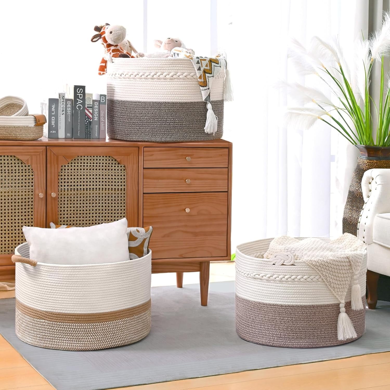 Natubeau Cotton Rope Woven Storage Baskets, 65L Large Round Laundry Hampers Blanket Basket Clothes Basket, 20"W x 13"H Storage Baskets With Handle