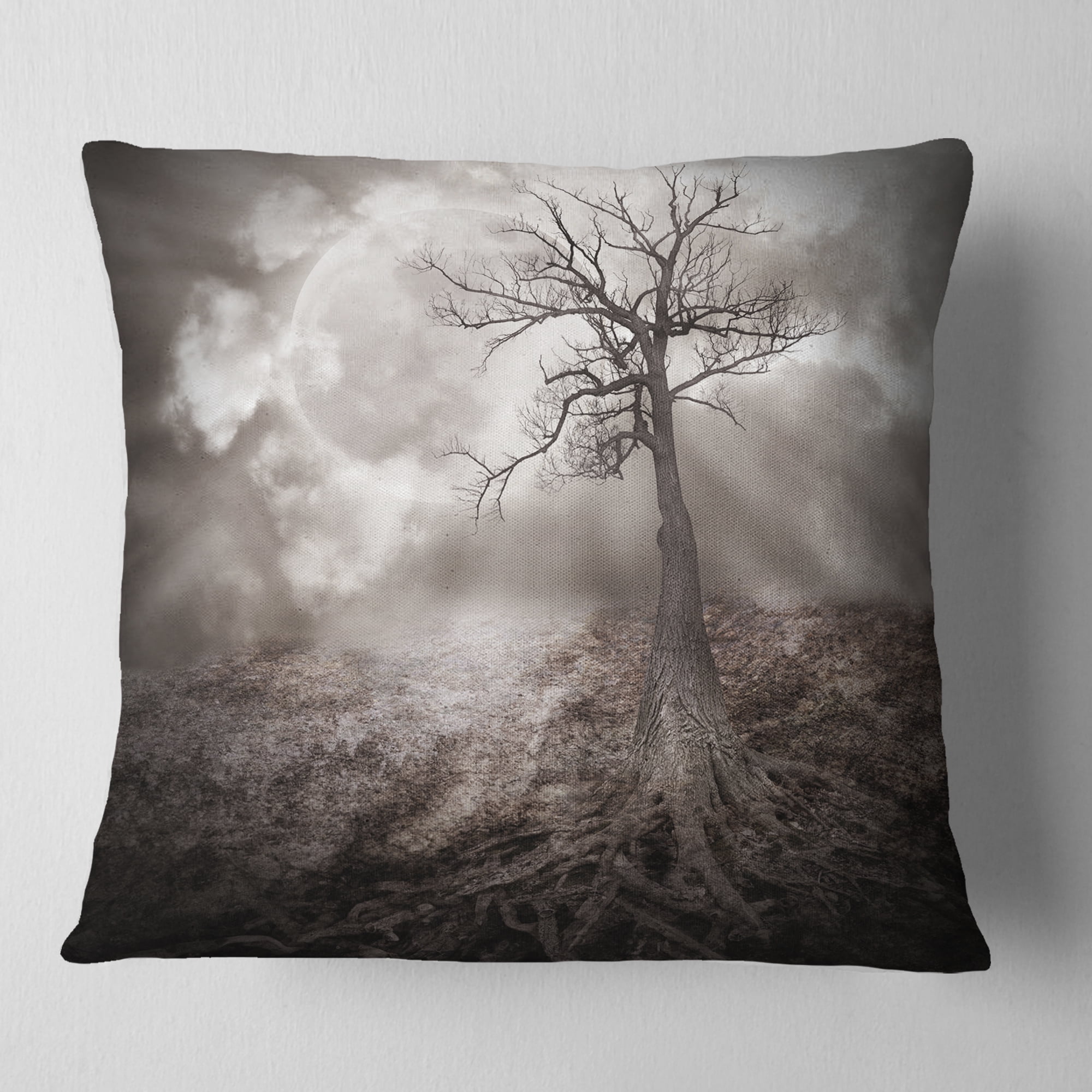 Designart Lonely Tree Holding the Moon - Landscape Printed Throw Pillow - 18x18