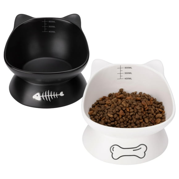 Navaris Cat Bowls Set of 2-400 ml Volume Marks for Accurate Feeding - Ceramic Bowl Elevated for Improved Digestion and Posture for Cats - Suitable for Dishwasher Use