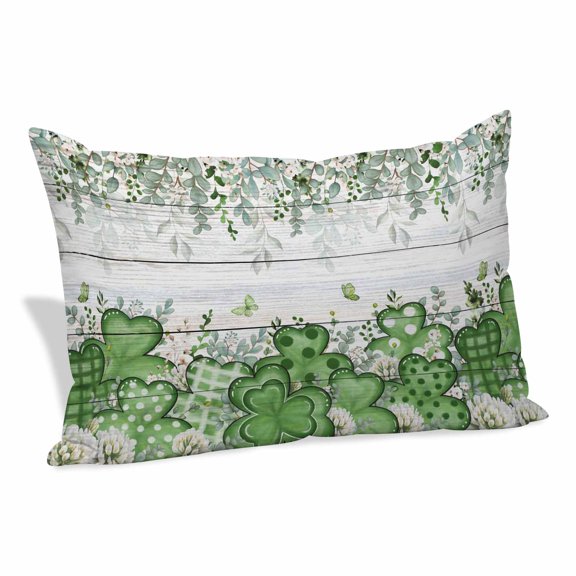 St. Patrick's Pillow Covers, Linen Long Throw Pillow Case, Luck Shamrock Eucalyptus Leaves Flowers Grey Wooden Holiday Pillow Protector Decorative Cushion Cover for Living Room/Bedroom 20" x 30"
