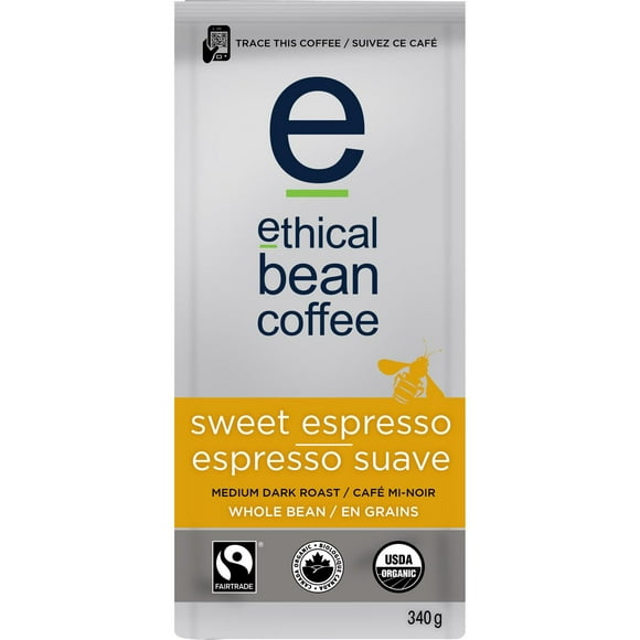 Ethical Bean Fairtrade Organic Coffee, Sweet Espresso Medium Dark Roast, Whole Bean Espresso Coffee, 340g