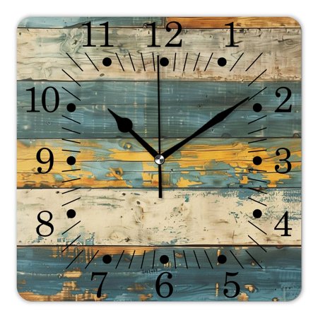 14 Inch Wall Clock Battery Operated Square Clock for Office, Kitchen, Outdoor, Living Room,Vintage Teal Turquoise Wood Grain Fantastic