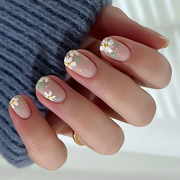 KUFptva 24 Pcs Sweet Artificial Nails Short Square Full Covers False Nails Glossy Stick on Nails Flowers Press On Nails