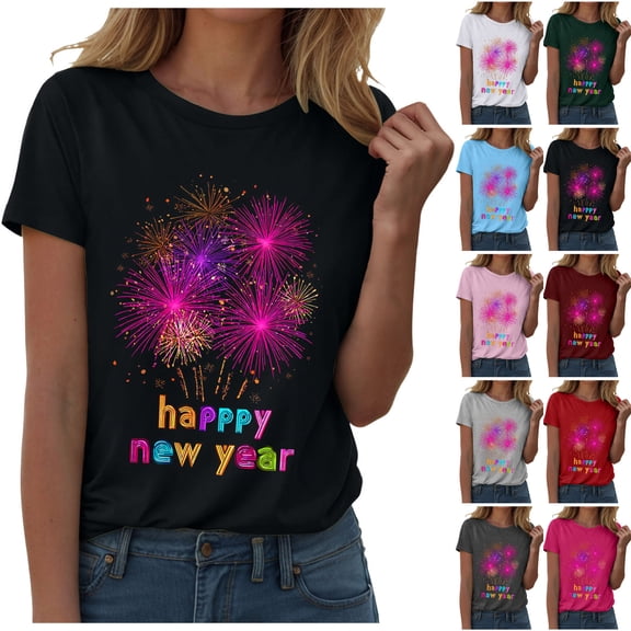 felwors Happy New Year Shirt for Women 2026 New Years Eve T-Shirt Countdown Fireworks Holiday Party Tops(Red, XL)