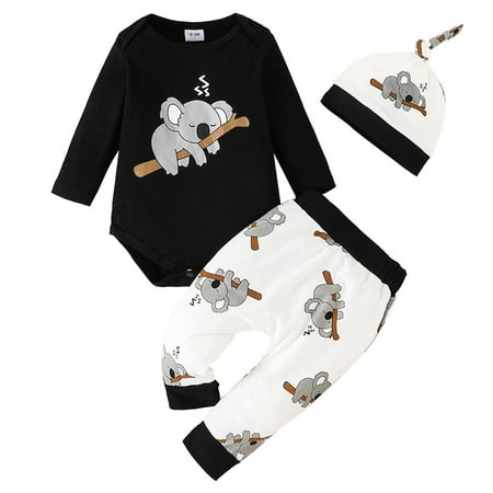 

Boys Romper 2T Boys Girls Long Sleeve Cartoon Prints Romper Solid Colour Pants Hat Outfits Set For Kids Clothes Baby Boy Clothes Winter Black 0-3 Months