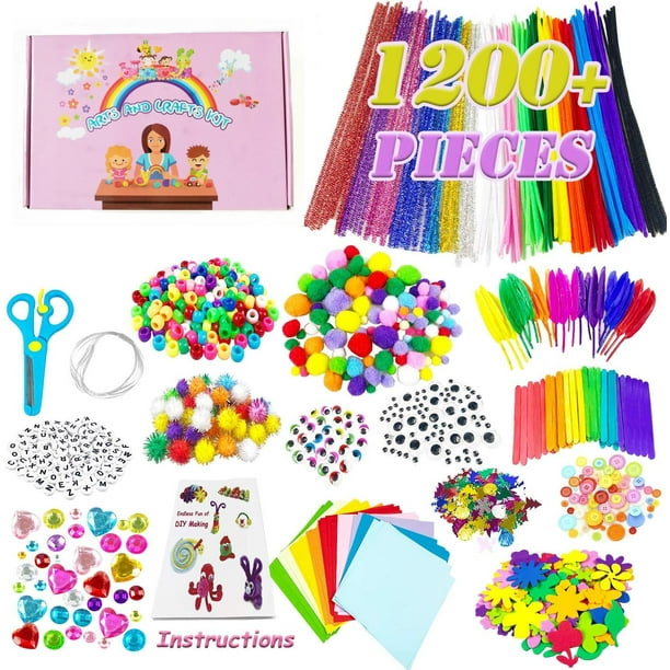 Kit de Bricolaje Infantil, 1200+ Piezas para Niños Fieltro Ocio Creativo Manualidades de Bricolaje, Kit Creativo Infantil con Pompones de Colores Infantiles, Limpiapipas, Palitos de Paleta, Plumas, Pe