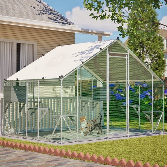 LZBEITEM Catio Outdoor Large Cat Enclosure, 122" × 80" Cat Cages, Walk-in Cat House for Multiple Cats w/ Waterproof Cover, 6 Platforms & 2 Resting Box