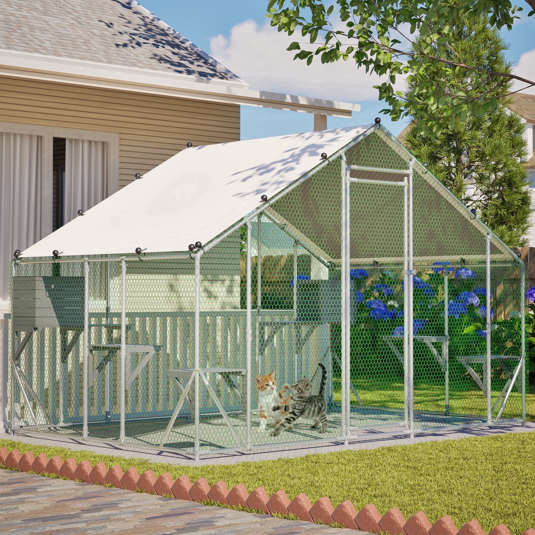 LZBEITEM Catio Outdoor Large Cat Enclosure, 122" × 80" Cat Cages, Walk-in Cat House for Multiple Cats w/ Waterproof Cover, 6 Platforms & 2 Resting Box