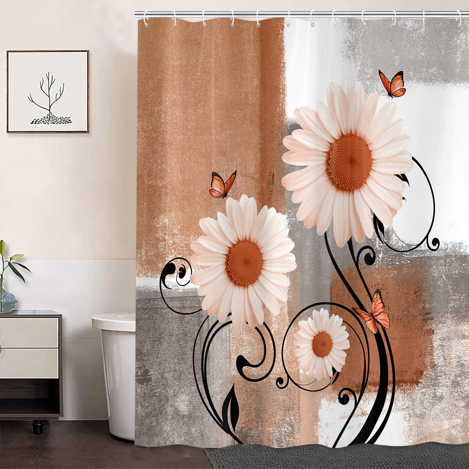 Rustic Farmhouse Shower Curtain,Farm Orange Daisy Floral Flowers and Butterfly on Country Wooden Shower Curtain for Bathroom,Orange Gray Shower Curtain with 12 Hooks,69X70in
