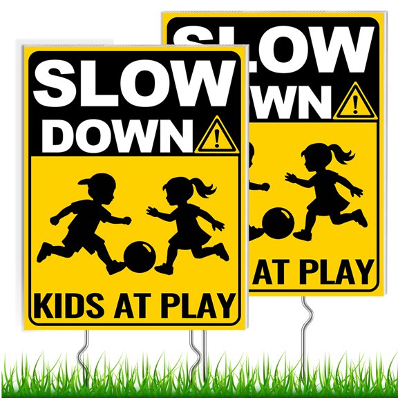 Aovky Slow Down Sign with Metal Stakes, 2 Pack 17 x 13 in Outdoor Yard Signs for Driveways, Lawns & Neighborhood Areas