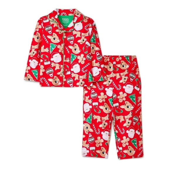 Rudolph, Gingerbread, Christmas Print Girl's Holiday Flannel Coat Pajama Set, Size 4T