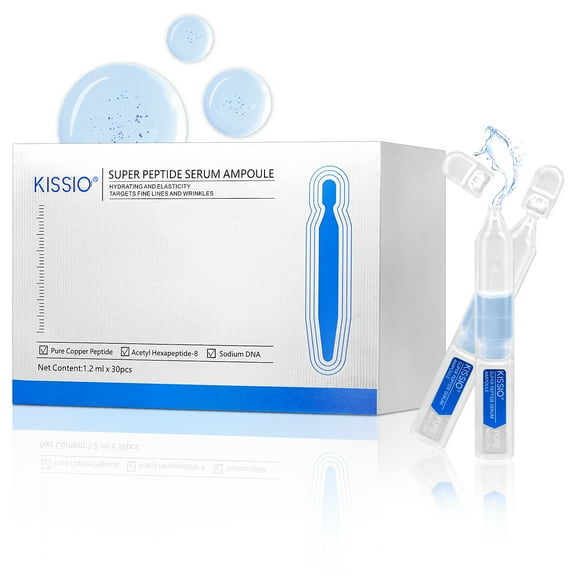 KISSIO Super Peptid Serum Ampoule,Face Serum with Copper Tripeptides,Collagen and Peptides,Hydration and Elasticity,Rejuvenating Facial Serum for Fine Lines and Wrinkles,Makeup Base,30 Ampoule