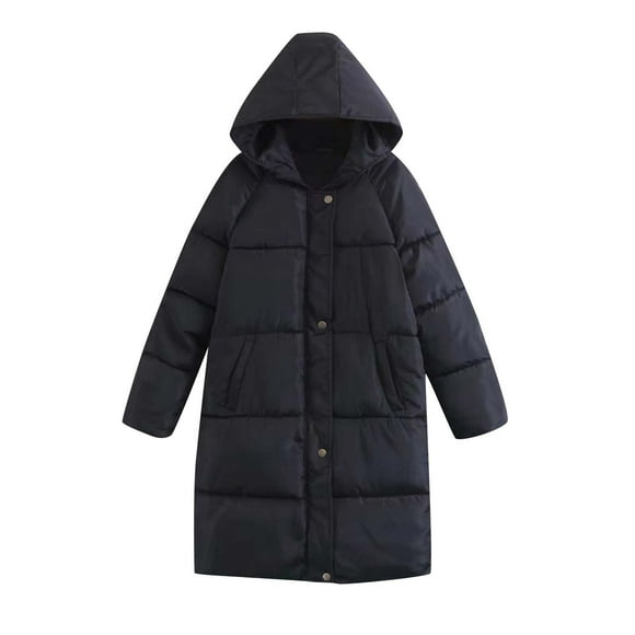 EGNMCR Womens Long Puffer Coat, Long Sleeve Padded Winter Down Coats, Hooded Parka Jacket Women Warm Pocket Coat Turn Down Collar Long Jacket Winter Down Parkas Women Coat