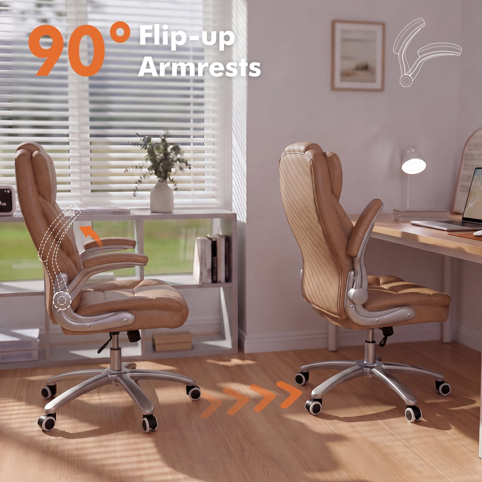 iooHug Big and Tall Office Chair 400lbs, Ergonomic Desk Chair with Lumbar Support, Flip-Up Arms, Faux Leather High Back Computer Chair for Home Office, Brown
