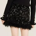 thumbnail image 6 of Girls Sequin Fringe Skirts Fuzzy Trim Elastic Waist Elegant Bodycon Pencil Skirts Dance Party Club Black, 7-8Y, 6 of 7