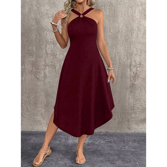 Burgundy Solid Halter Neck Asymmetrical Hem Sleeveless Maxi Dress For Women