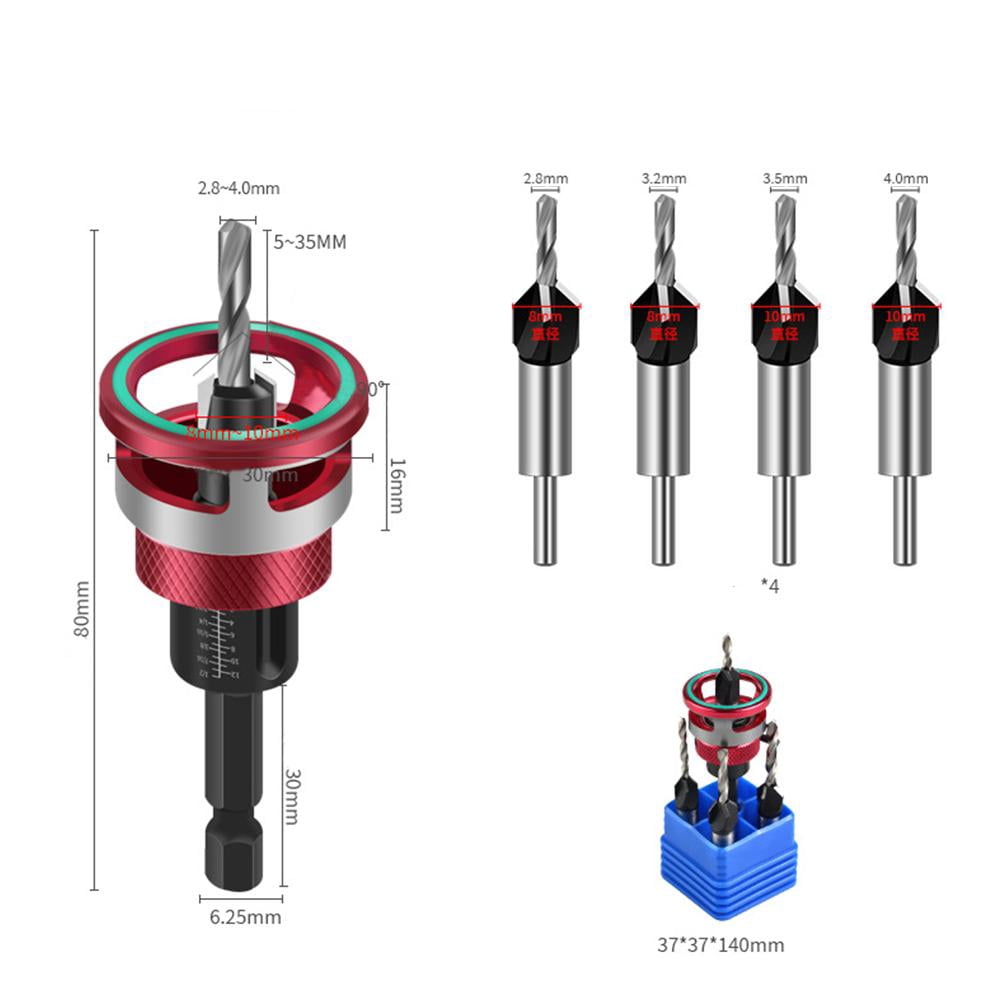 Countersink Drill Bit Set with Adjustable Depth Stop, 4 Pcs Carbon Steel Tapered Bits (2.8/3.2/3.5/4.0mm) with 1/4" Hex Shank,  for Precise Woodworking, Plywood, MDF and DIY Projects