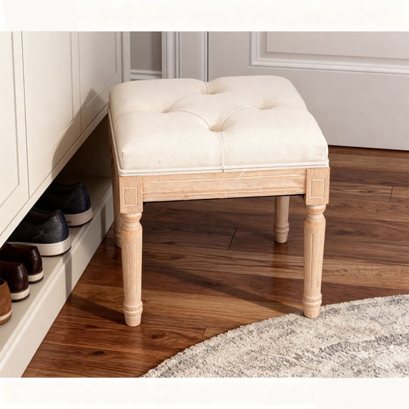 S-HOME Small Padded Square Upholstered Rustic Ottoman Bench for Bedroom, 15.75 Inch Beige Vanity Stool with Stylish Design