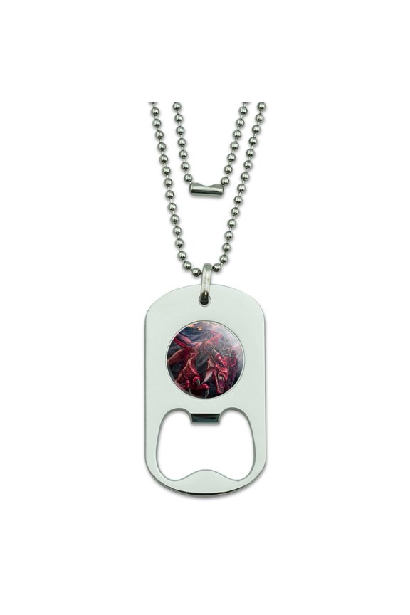 Evil Red Dragon Burning Castle Night Fantasy Military Dog Tag Bottle Opener Pendant