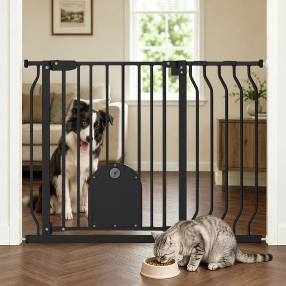 Pet Gate, 29.5''-43.7'' Dog Gates with Cat Door for Stairs & Doorways, Gate for Ages 6 to 36 Months, Black