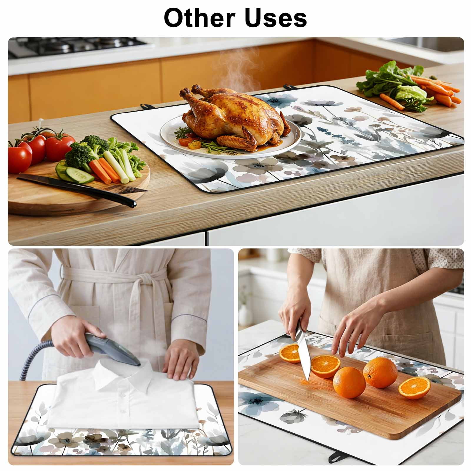 Blue Grey Pink Spring Floral Stove Top Cover for Electric Stove, Heat-proof & Non Slip Glass Top Stove Cover Protector, Watercolor Botanical Kitchen Flat Cooktop Rubber Mat 24x21 Inches