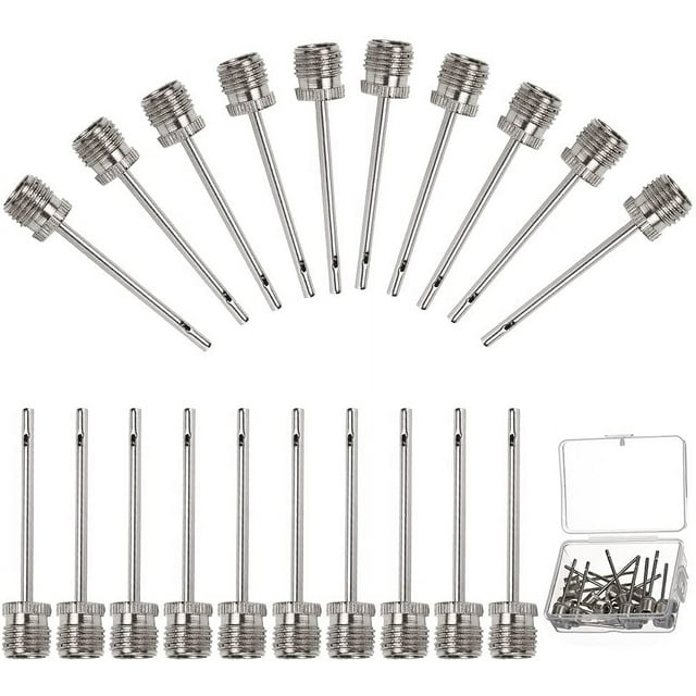 20 packs of air pump inflation needles made of durable stainless steel, designed for inflating soccer balls, basketballs, volleyballs, footballs, and rugby balls. The needles feature a standard size of 1.49 inches in length and are compatible with various types of pumps. Includes a mix of single-hole and double-hole designs, ensuring efficient and safe inflation. Displayed in a set with a clear storage case.