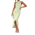 thumbnail image 3 of Vestido de Fiesta para Mujer, con Cuello Halter, Sin Mangas, con Abertura, Textura, Espalda Descubierta, Corte Entallado, Fruncido, Midi, para Cóctel Verde M, 3 of 10