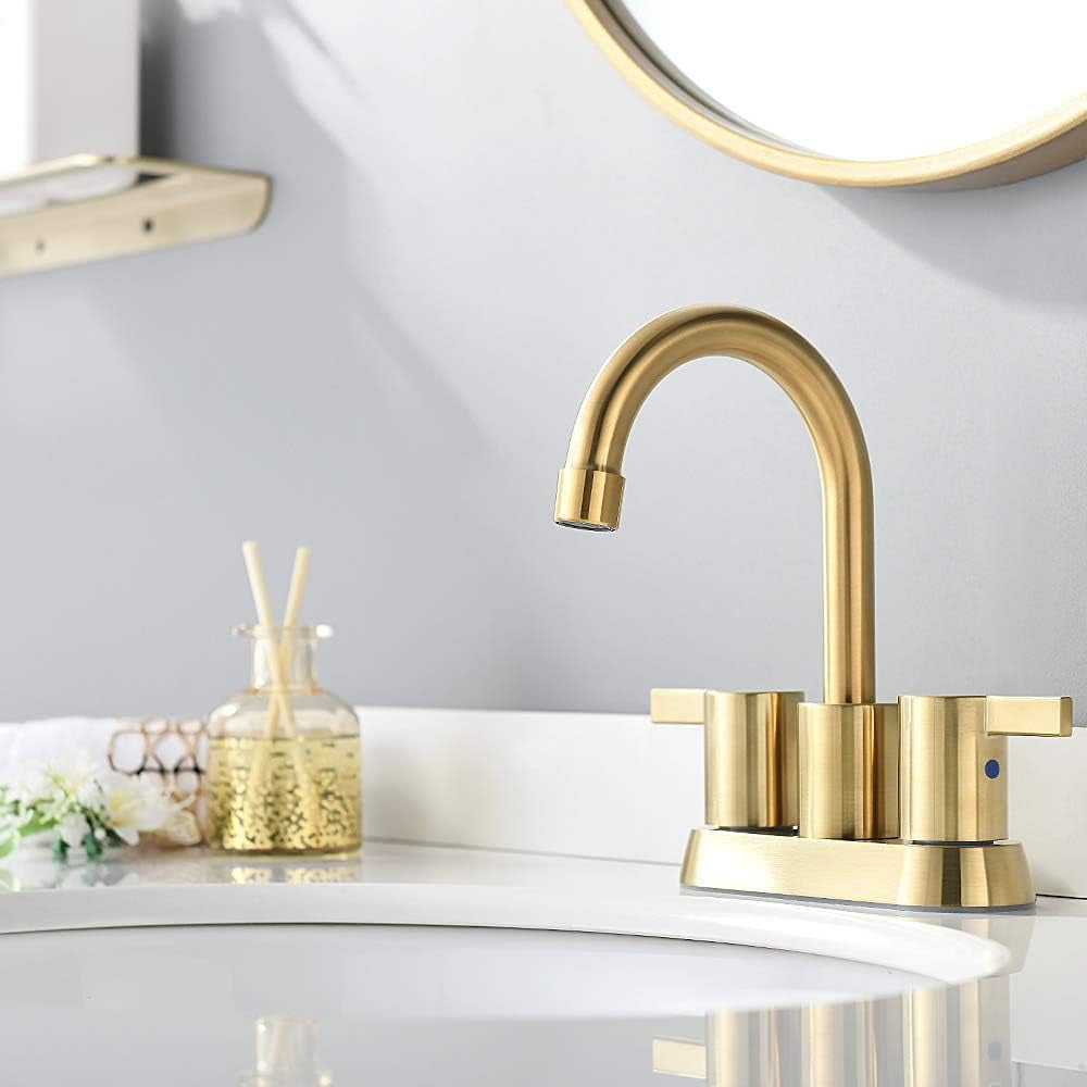 Zovajonia 4 Inch 2 Handle Centerset Lead-Free Bathroom Faucet 2 hole, 360 Swivel Spout with Copper Pop Up Drain and 2 Water Supply Lines Brushed Gold