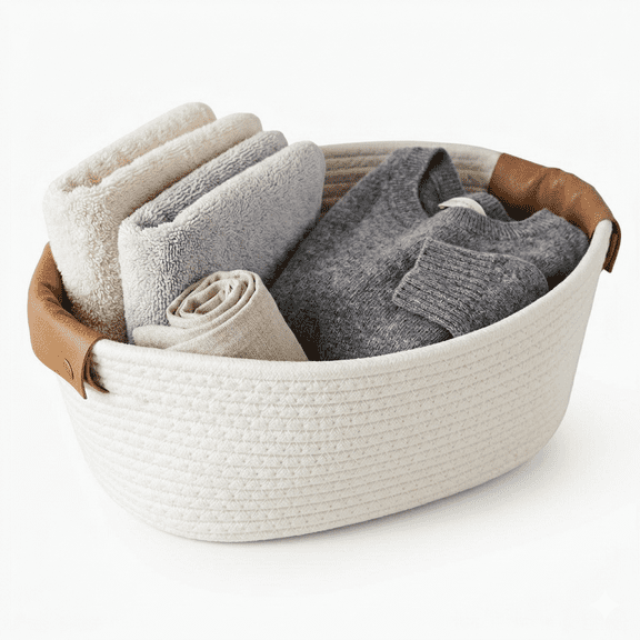 Cotton Rope Woven Storage Basket with Handle, Decorative Organizer for Towels, Clothes, Books, Laundry, Living Room, Bathroom, Shelves, White