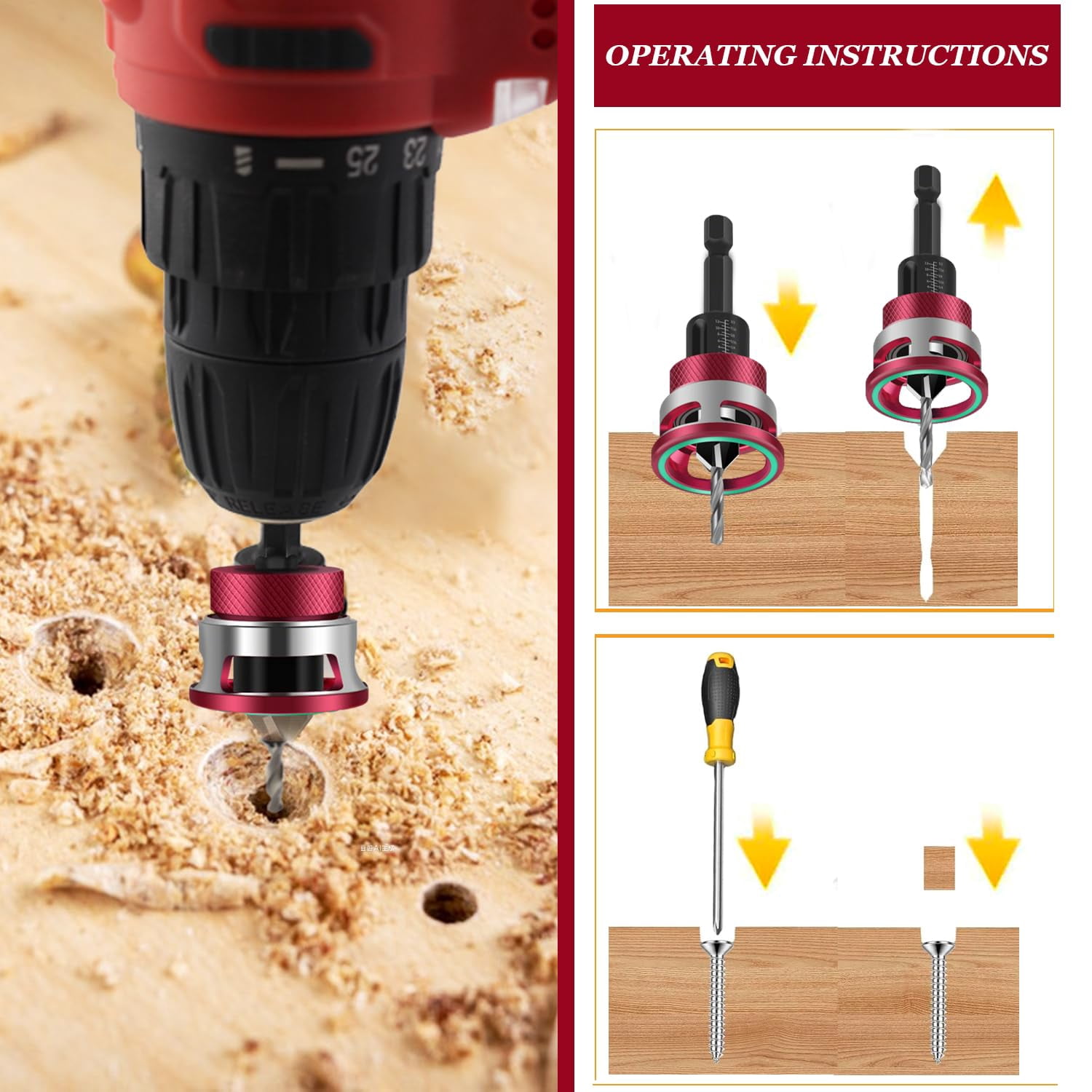 Countersink Drill Bit Set with Depth Stop, 1/4" Quick Change Hex Shank, Aluminum Alloy Stop Collar, HSS M2 Bits Head & Hex Wrench, Counter Sink Drill Bit for Wood for Wood, Plastic, Woodworking,A