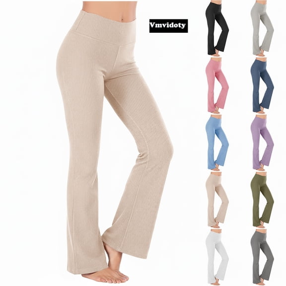 Ribbed Yoga Pants Flare Leg High Waisted Stretchy for Casual Athletic Workout 1_Beige L