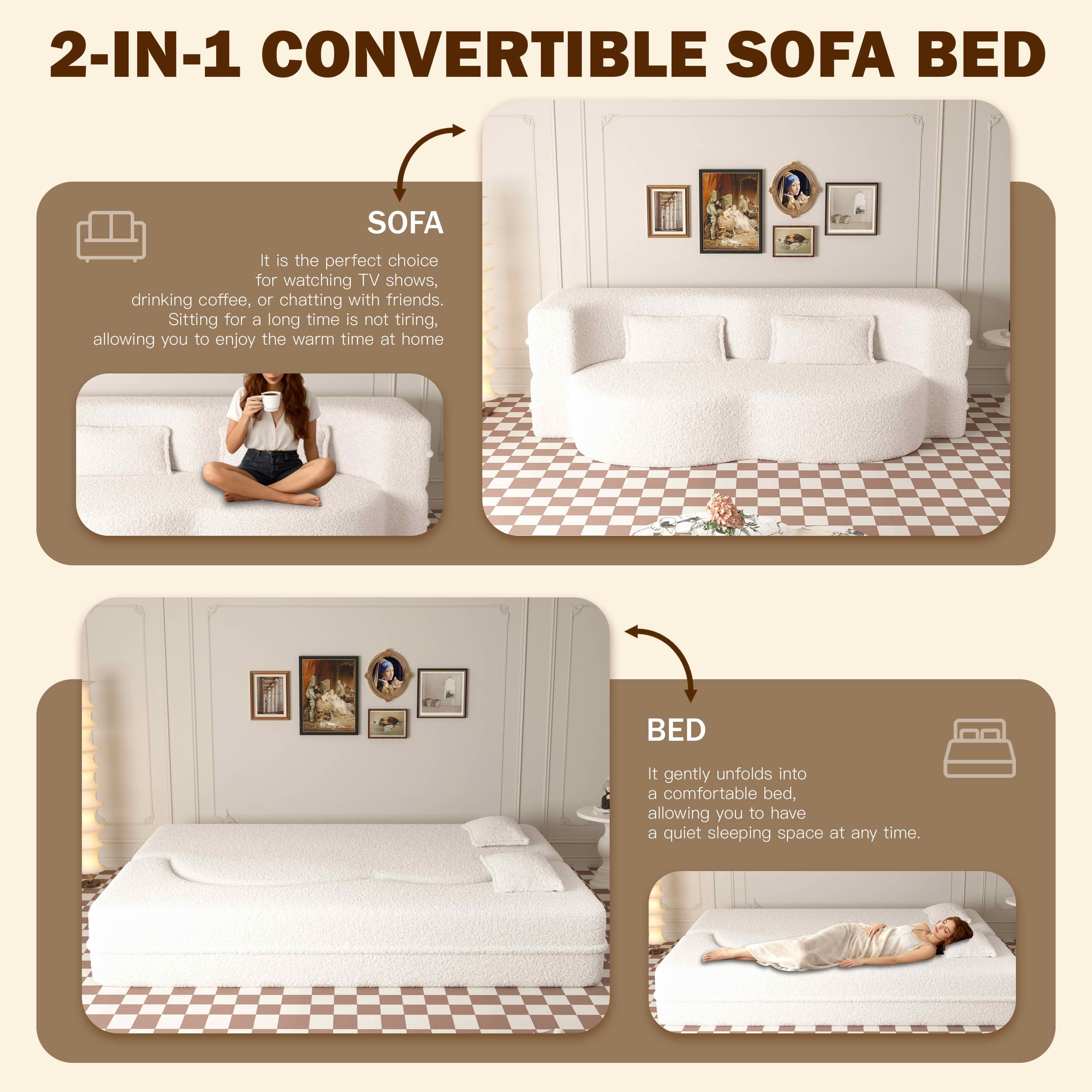 MAYEERTY Twin Sherpa Fleece Foldable Foam Floor Sofa Bed, Zero Assembly Vacuum Compressed Sleeper with 2 Pillows