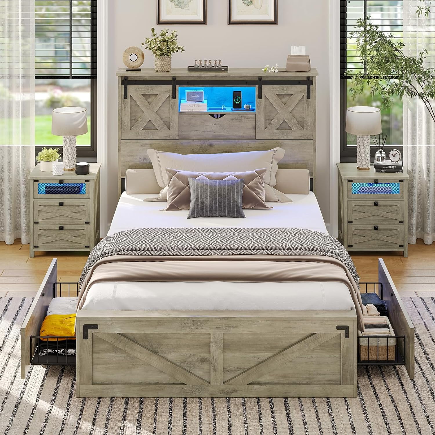 Twin XL Size Bed Frame with Headboard and Drawers, Farmhouse Twin XL Platform Bed Frame with LED Lights and Charging Station, No Box Spring Needed,Gray
