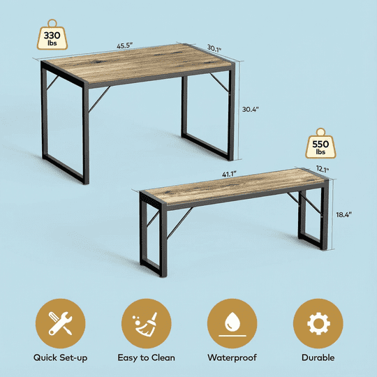 Aiho 45.5" Dining Table Set for 4, Kitchen Table with 2 Benches, Wood Dinette Sets with Metal Frame - Gray