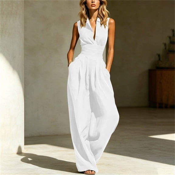 Women's Sleeveless Jumpsuit, Turndown Collar V-Neck With Pockets, Fashion One-Piece Pants For Office & Casual Outings White XL