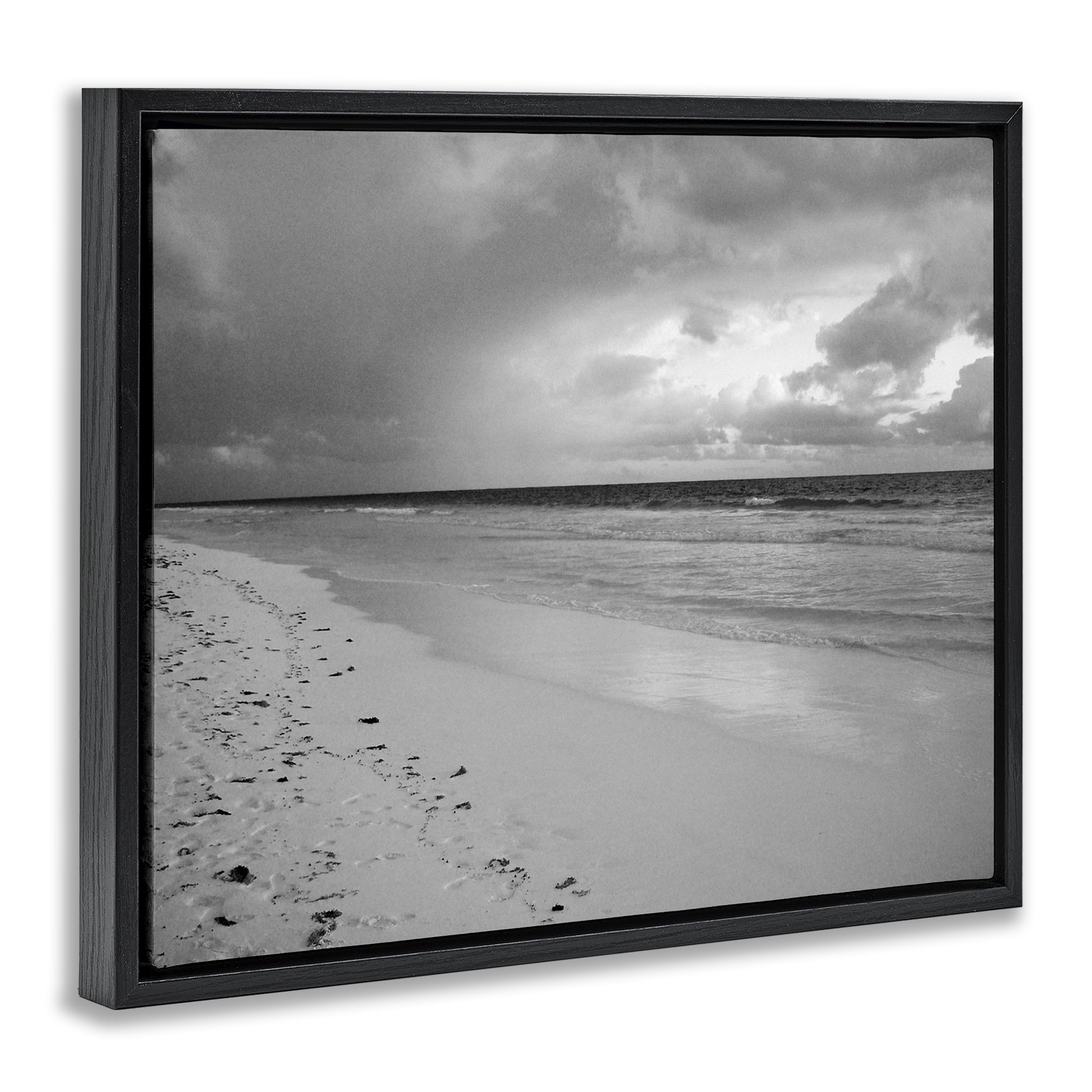 Stupell Industries Beach Shore with Footprints Coastal Photography Black Floater Framed Canvas Art Print Wall Art, 21 x 17