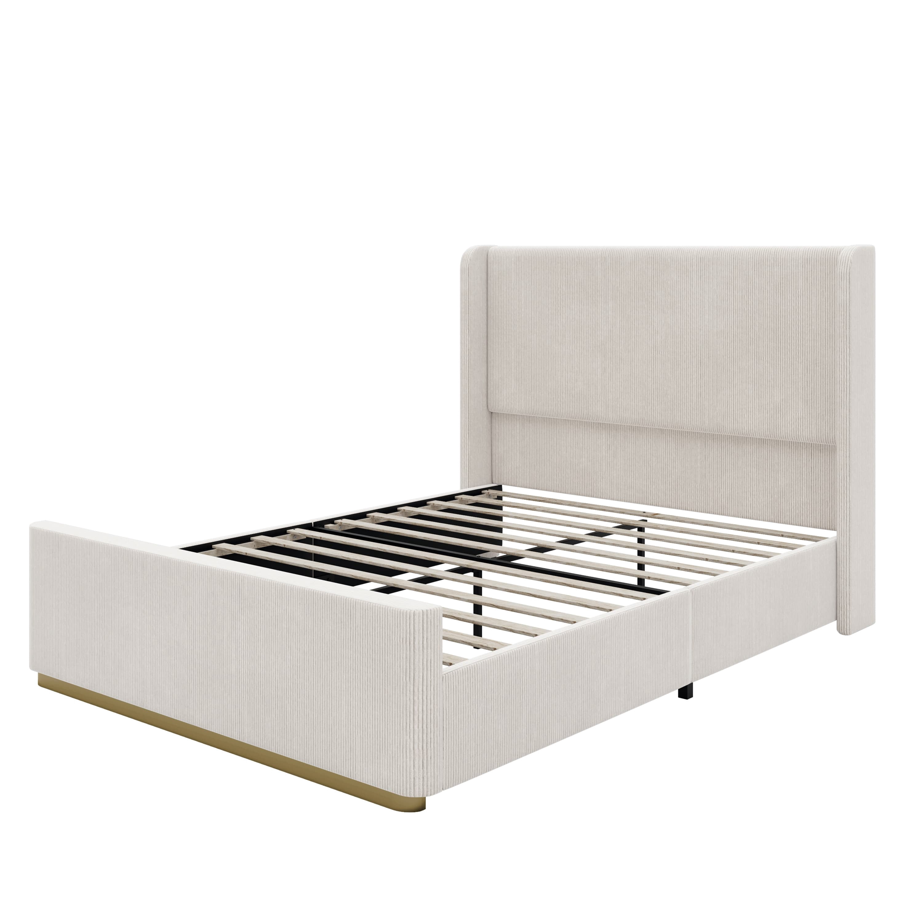 MAYEERTY Queen Corduroy Bed Frame Vertical Stripe Wingback Headboard for Bedroom Light Grey