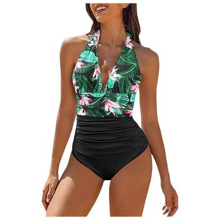 Blphud Tummy Control Bathing Suit One Piece Swimsuit Summer Vacation Swimsuits Women s V Neck Pleated Sexy Backless Women s High Waist Thong Bikini Blue XL