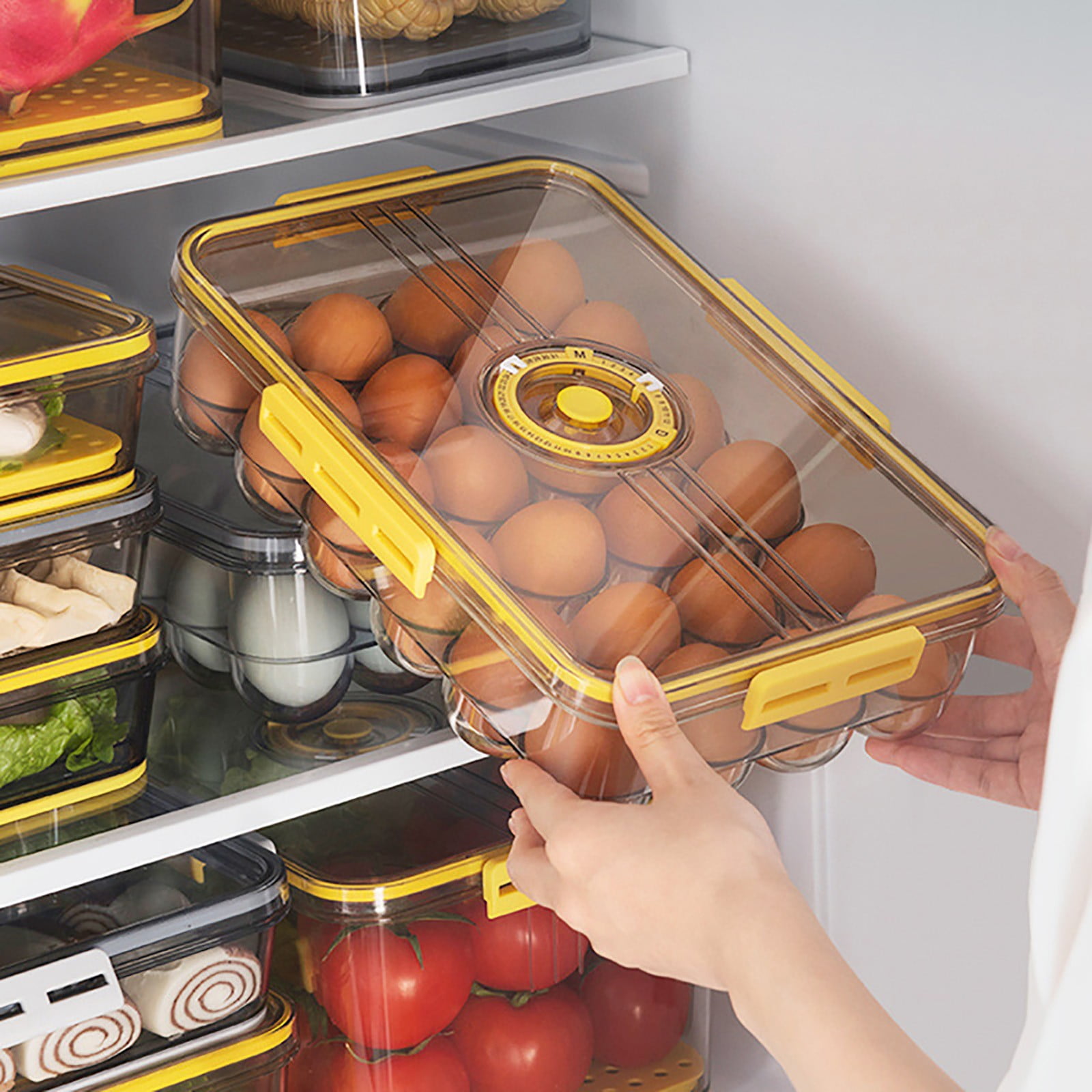 Clearance Egg Holder Clear Egg Tray Storage Box With Lid And Special Buckle Stackable PET Plastic Refrigerator Organizer Bins Eggs Containers 18 Egg Tray for Home & Kitchen Yellow