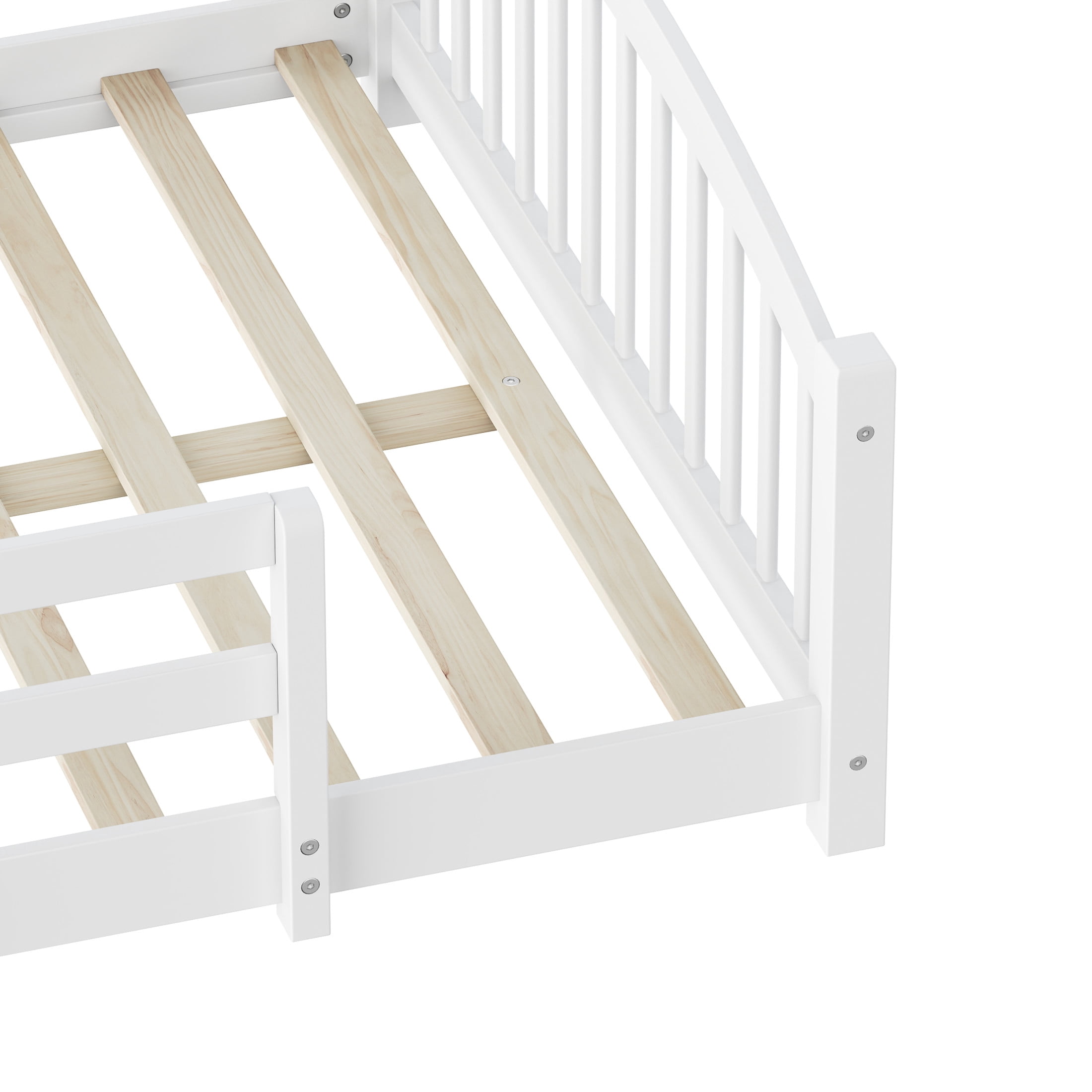 Noble House Full Floor Bed with Slats, Safety Guardrails, Solid Wood Frame, White