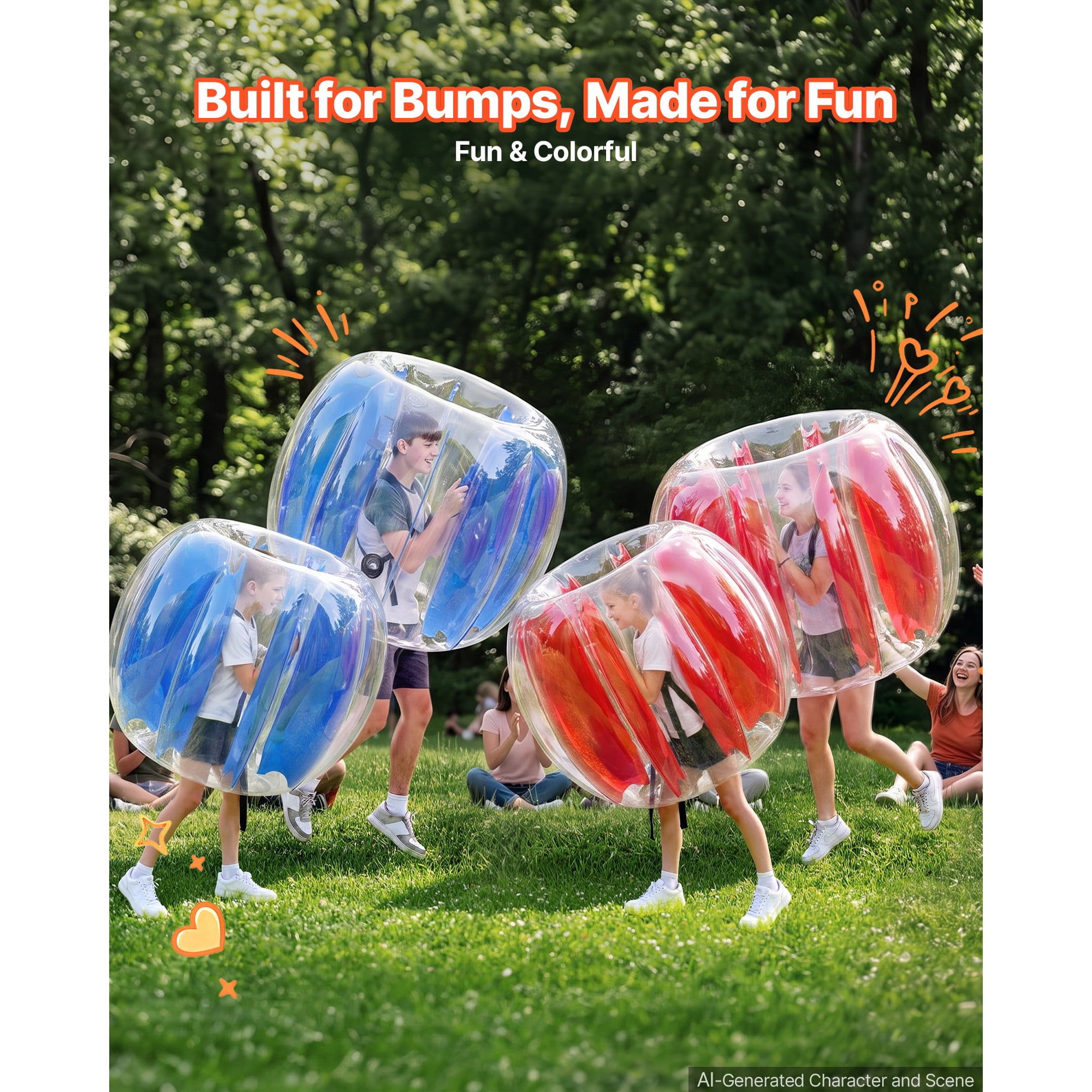 KFFKFF Set of 4 Inflatable Bumper Balls in 3FT and 4FT Sizes, Blue and Red, Designed for Kids and Teens, Ideal for Backyard, Camping, Picnics, Made from Durable PVC Material with Handles for Easy Use