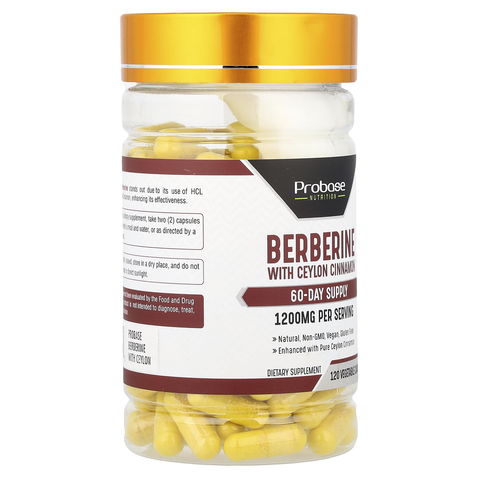 Probase Nutrition Berberine with Cinnamon Extract - Gluten Free and Vegan - 120 Capsules - 1200mg per Serving