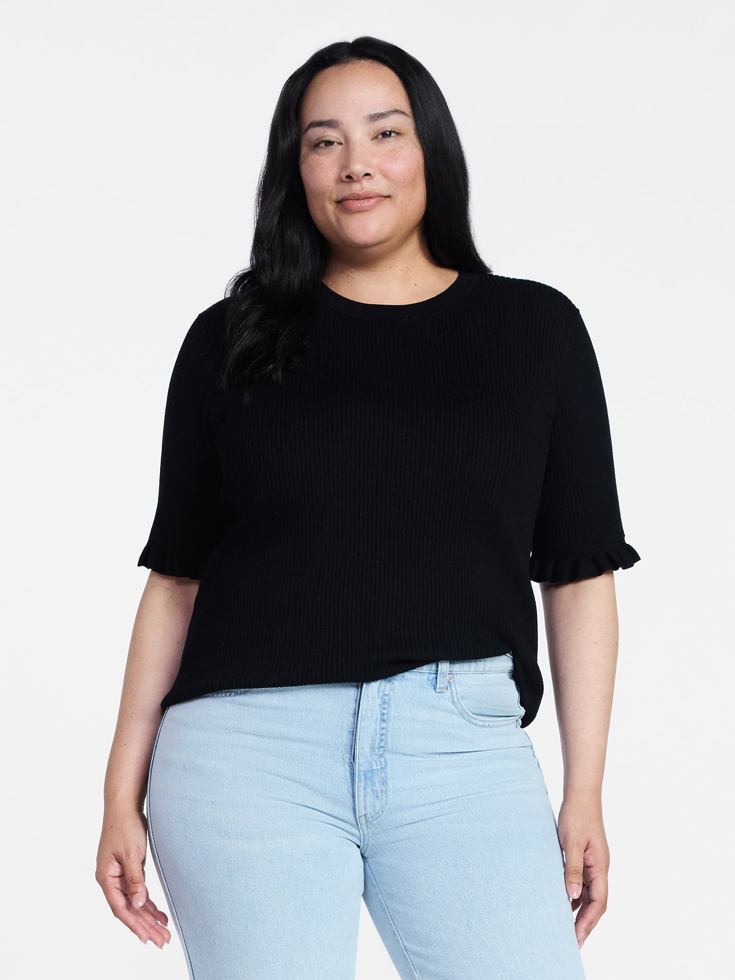 Time and Tru Women's Ribbed Sweater with Flounce Sleeves, Midweight, Sizes XS-XXXL