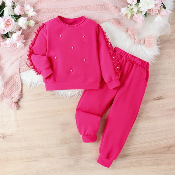 YWDJ Spring And Autumns Sets 4-8 Years Old Beaded Ruffles Long-sleeved Sweater Drawstring Feet Pants Casual Sports Suit Pink 4Y