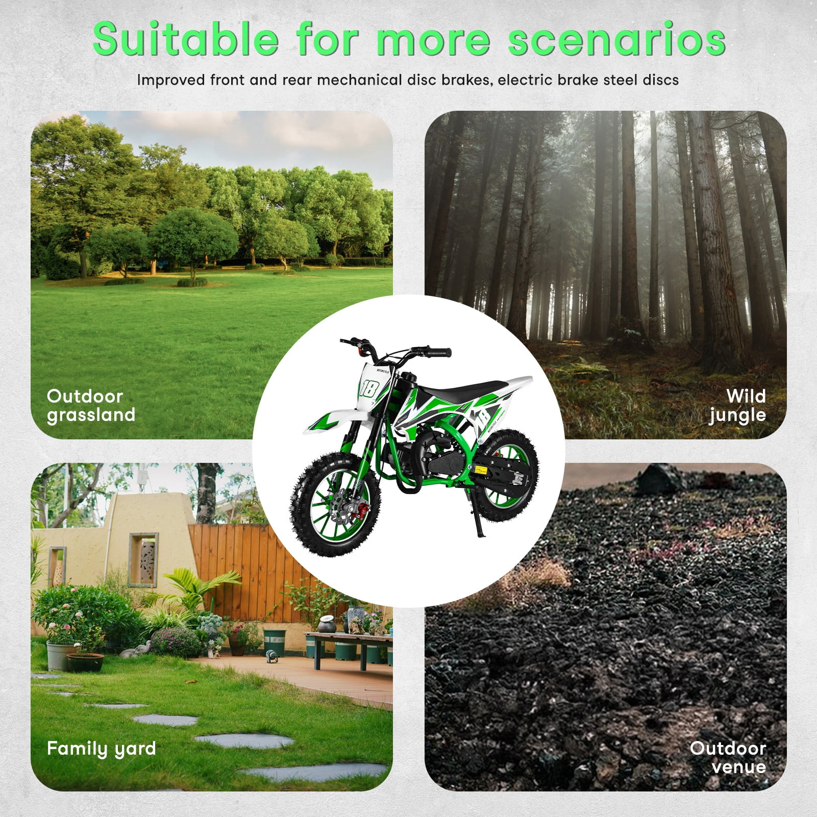 YiJin 49cc 2-Stroke Kids Dirt Bike, Gas Power Motocross, Off Road Mini Motorcycle, Pocket Mini Bikes with Front Rear Disc Brakes (Green)