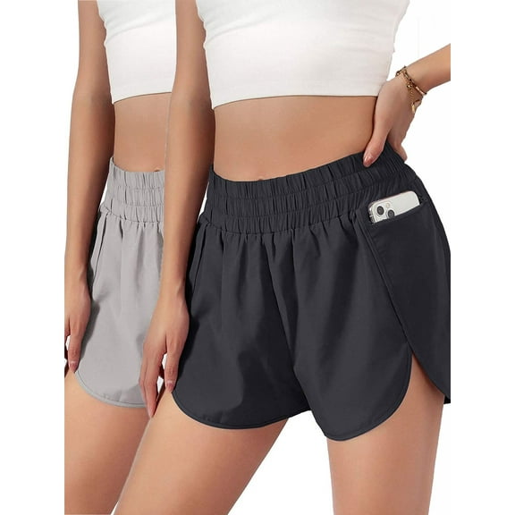 Spencer 2 Pack Women's Running Shorts Sports Layer Elastic Waist Workout Shorts Athletic Shorts Quick Dry with Zipper Pocket
