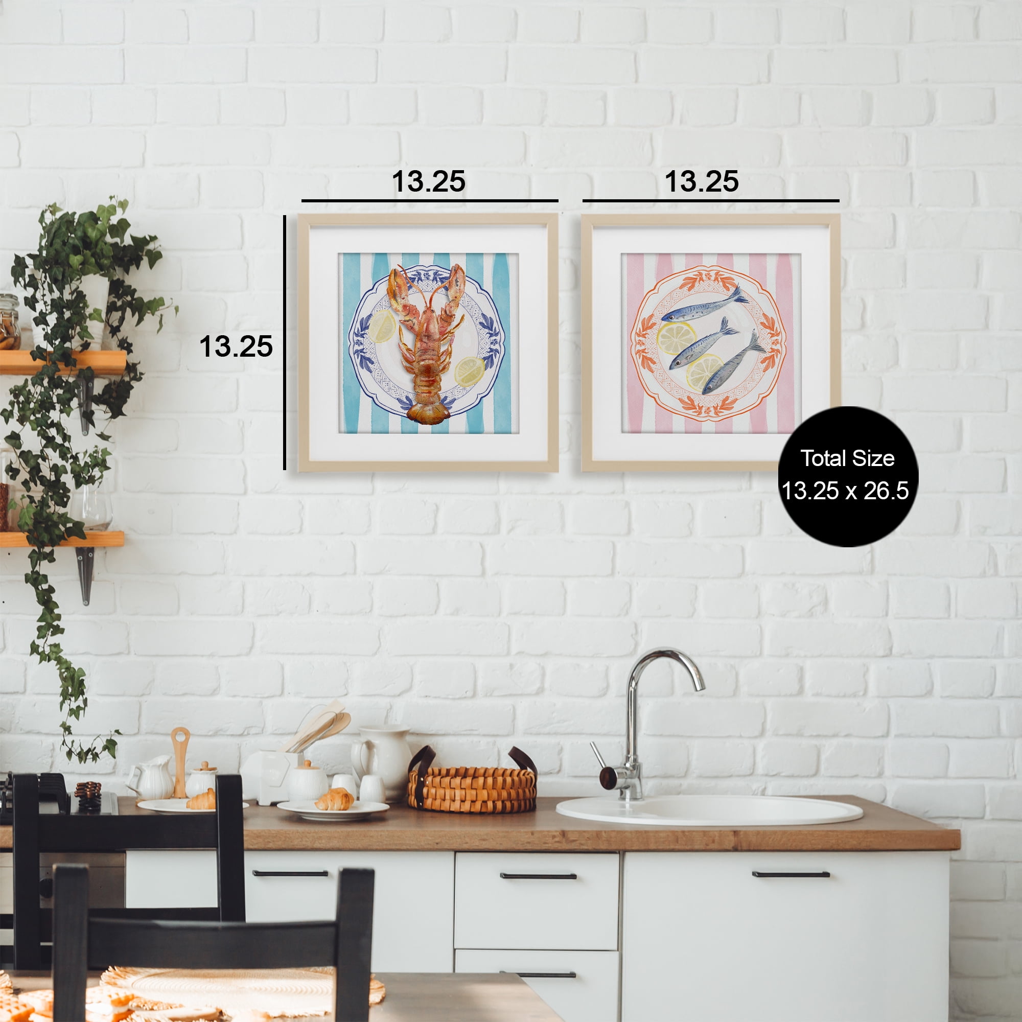 Stupell Industries Lobster & Sardines Plates 2 Piece Birch Framed Print Under Glass Set, design by Christie Adams